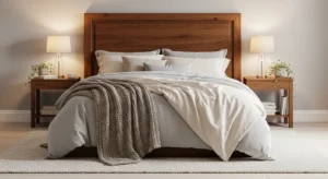 Brown headboard acting as a focal point in a bedroom
