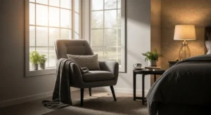 Grey accent chair adding style to a modern bedroom
