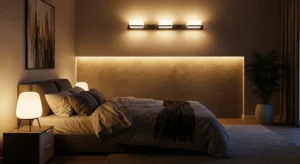 Accent lighting adding depth and warmth to a dark bedroom