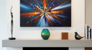 Art and sculpture decor on fireplace mantle