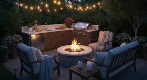 Outdoor kitchen with fire pit for warmth and gathering