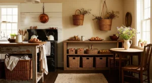 Woven baskets adding texture and storage to a farmhouse kitchen