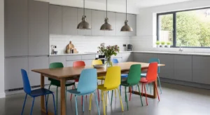 Colorful dining chairs adding a playful touch