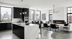 Black and white combo creating a modern open space