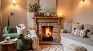 Corner fireplace styled in living room