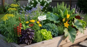 Raised garden bed with mixed plants and flowers