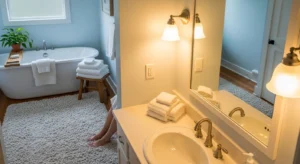 Textured towels and rugs adding comfort