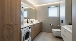 Bathroom and laundry combo maximizing space efficiently