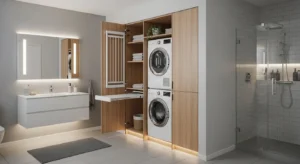Bathroom and laundry combo maximizing functionality