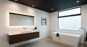 Black ceiling creating a bold bathroom design