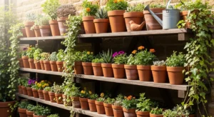 Shelves organizing flower pots neatly