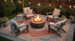 Outdoor rug defining fire pit space