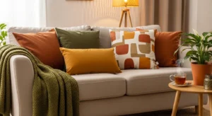 Beige sofa with earthy tones creating a warm grounded living room