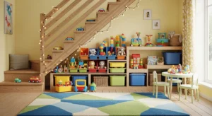 Under stairs kids play zone with organized toys and soft rug
