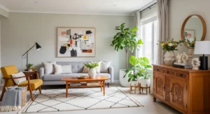 Mix of vintage and modern decor creating a balanced living room