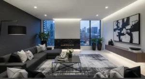 Black and grey tones creating modern layered living room