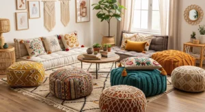 Floor poufs and cushions in boho living room