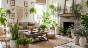 Greenery adding freshness to farmhouse living room
