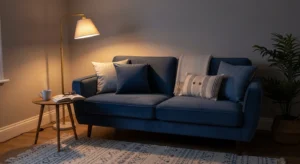 Blue sofa in cozy corner creating intimate living room space