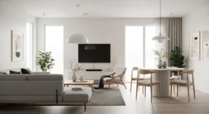 Simple coordinated decor creating cohesive living dining space