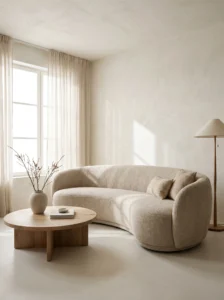 Japandi living room with curved furniture and organic shapes