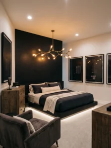 Black accent wall bedroom with statement lighting fixture