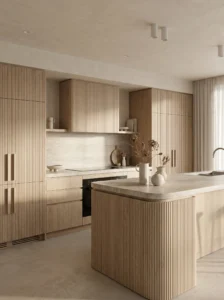 Textured kitchen cabinets with fluted design for added depth