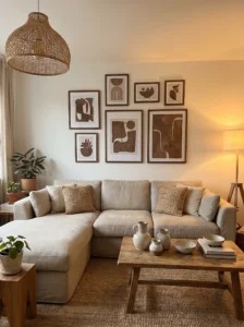 Brown wall art and decor accents adding warmth to a modern living room