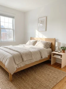 Scandinavian neutral bedroom with clean lines and cozy textures