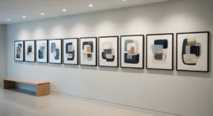 Artwork arranged in line in narrow hallway