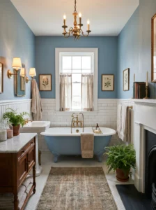 Dusty blue bathroom with soft calming and cozy design