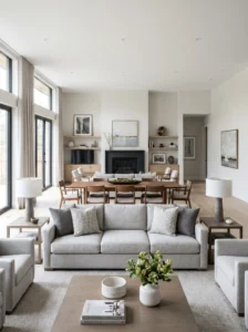 Symmetrical layout in living room dining room combo design