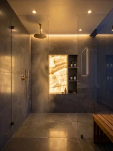 LED shower lighting creating a relaxing modern bathroom ambiance