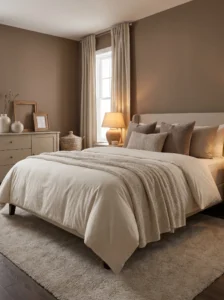 Warm mocha and cream bedroom with cozy neutral aesthetic