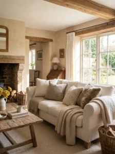 neutral throw pillows French country cozy sofa styling