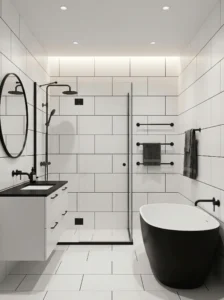 Modern bathroom with black fixtures and white tile contrast