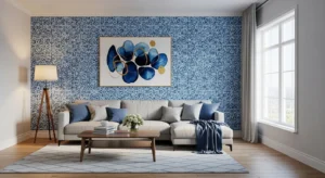 Blue wallpaper in living room