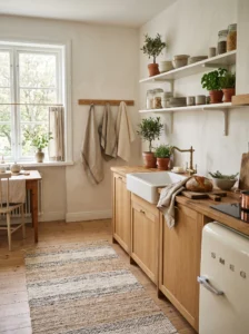 Scandinavian kitchen with soft textiles adding warmth and texture