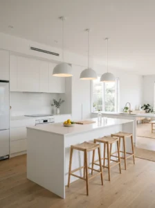 Matte white pendant lights blending into bright modern kitchen design