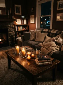 Candles adding soft warm glow to a cozy living room