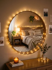 Mirror with soft lighting adding warmth and style to teen bedroom
