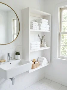 White bathroom with open shelving displaying towels and simple decor