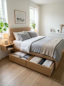 Hidden storage solutions in a bedroom keeping the space clean and clutter-free