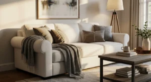 White throw blanket adding warmth and texture to a cozy sofa