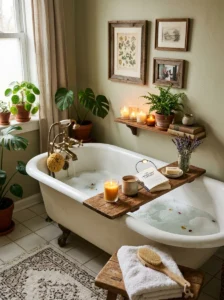 Bathtub with personalized decor creating a cozy and relaxing bathroom space