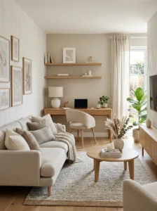 Desk matching living room decor for seamless workspace
