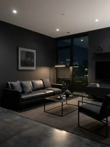 Dark minimalist living room with clean lines and modern design