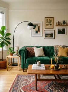 Green couch with vintage and modern mix decor