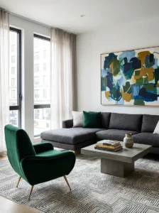 Grey couch with bold accent chair creating a stylish focal point