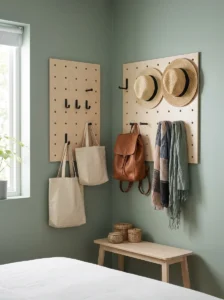 Wall hooks in small bedroom for organizing items without furniture